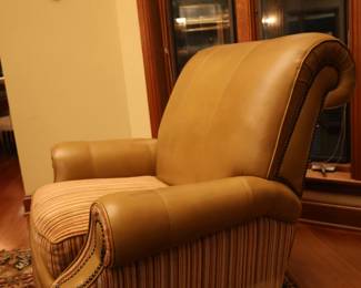 Leather and corduroy reclining armchair (two available)