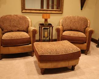 Two chairs, ottoman, end table and mirror