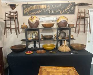 Folk Art, Hand Painted Sign, Turned Dough Bowl, Southern High Chair,