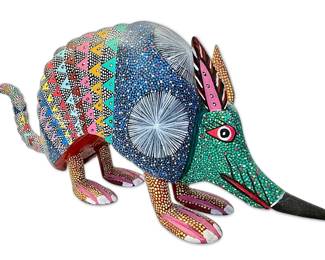 Mexican Folk Art Carved Armadillo, Signed JacinTo Lopez Mtz