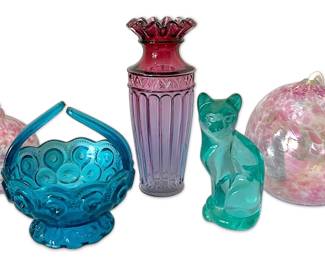Vintage Glassware in Pink, Blue, Teal L.E. Smith Moon Stars, Fenton Cat, Ruffled Vase, More