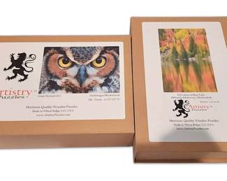 Artistry Wooden Jigsaw Puzzles, Set of 2 Great Horned Owl Fall Colors on Bear Lake