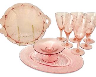 Jeannette Cherry Blossom Glass Platter, Pink Depression Drinking Glasses, Serving Dishes