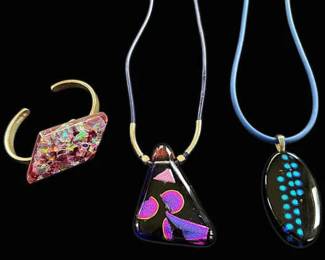 Two Fused Dichroic Glass Pendant Necklaces One Cuff Bracelet