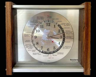 Vintage 1969 Verichron Quartz World Time Desk Clock, Chrome Teak Frame