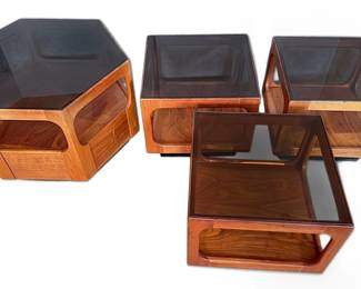 MCM Smokey Glass Walnut Side Tables 4 Pieces