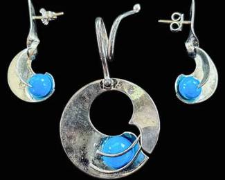 Handmade Vintage Sterling Silver Pendant Earrings w Turquoise Spheres Signed SJ