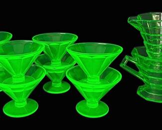 Uranium Federal Sherbet Glasses and Indiana Tea Room Sugar Creamer Set