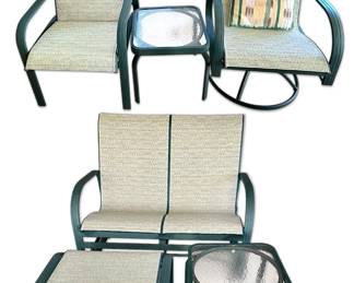 Green Metal Patio Glider, Rocking Chair, Lounger, Side Tables