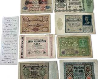 Old Currency German Marks 1914, 1919, 1920, 1922, 1923 8 Bills Total