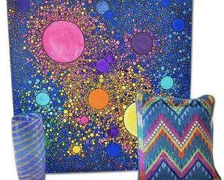 Vibrant Rachel Olemeir Canvas Painting, Colorful Pillow, Glass Vase