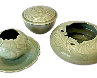 Celadon Glazed Carved Porcelain Vases, Signed by Betty Talbott