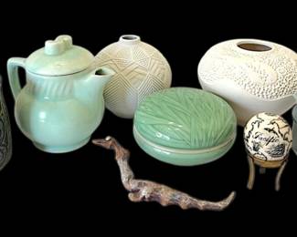 Artful Vintage Pottery Elaine Coleman Celadon Glazed Porcelain, Carved Vases, More