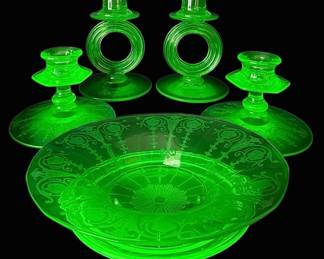 Rare Fostoria 2446 Candlesticks, Depression Glass Serving Dishes, More Uranium Glass