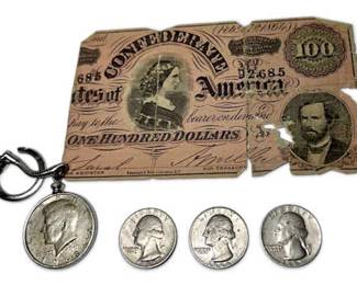 U.S. Collectible Money 1864 Confederate States $100 Bill And Coins