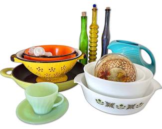 Vintage Kitchen Fire King Bowls, Cast Iron Pan, Fiestaware Pitcher, Jadite Tea Set, More