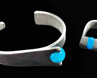 Sterling Silver Size 6.5 Ring Cuff Bracelet w Turquoise Both Signed SJ