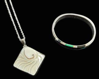 Sterling Silver Mother of Pearl Necklace Bracelet w Inlaid Stones