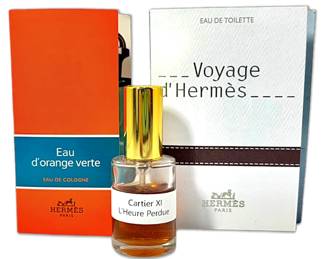 Hermes Samples Eau dOrange Verte, Voyage dHermes, Cartier XI LHeure Perdue Eau de Parfum
