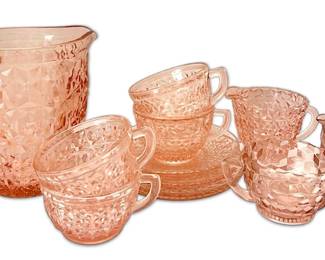 Pink Depression Glass Jeannette Buttons Bows Pitcher w Cups, Cubist Creamer Sugar Set