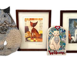 Jim Shore Welcome Cat Wall Plaque, Handmade Ceramic Kitty, Two Cat Framed Prints by Rosina Wachtme