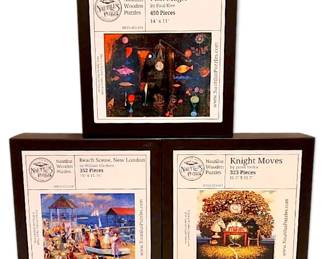 Nautilus Wooden Jigsaw Puzzles, Set of 3 Fish Magic, Beach Scene, New London, More