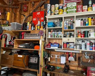 Garage stuffs and a Coca Cola clock.