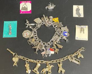 Vintage charm bracelets include sterling silver