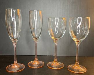 Vintage pink tinted stem wine glasses & flutes 