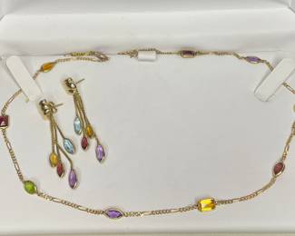 14k gold necklace & earrings with gemstones