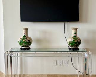 Beautiful lucite console and vintage Burdines vases