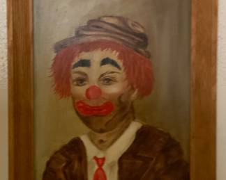 Original Artwork on Canvas Board by Texas Artist Flora Wayman 10 x 14 with Ridged Oak Wood Frame 12 x16 on back it is Titled “The Clown” Dated 6/6/65
