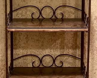 Vintage French Style Metal Scroll 4-Shelf Etergere w/ Smoke Glass Over Woodgrain Tile Planks (21”W x 11”D x x56”H) Check out matching pieces.