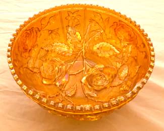 Imperial Glass Co. Marigold Carnival Glass Bowl in the "Lustre Rose" or "Open Rose" pattern