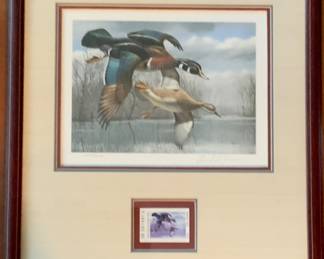 1984 Texas Waterfowl Duck Stamp and Print by David Maass featuring wood ducks. Framed and matted including a matching Texas Parks and Wildlife Department Waterfowl Stamp complete with certificate (15 1/4” x 16 3/4”)