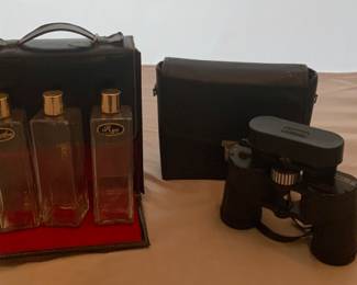 Mid-Century Travel Liquor Set-Scotch, Rye, Bourbon Glass Bottles w/Travel Case. VINTAGE SEARS DISCOVERER BINOCULARS Zoom Wide Angle 8x-17x40mm Model #473-25490