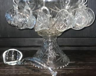 Anchor Hocking Early American Prescut Star of David Clear Punch Set. With a Vintage Hand Blown 13" Glass Punch Bowl Ladle