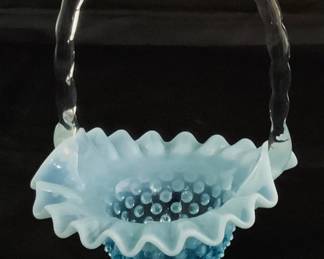 Fenton Vintage Hobnail Blue Opalescent Glass Brides Basket with Clear Handle