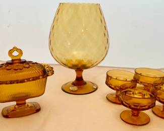 Indiana Glass Co. Lace Edge Amber Pedestal Candy Dish with Li. Mid-Century Modern Italian Tayimp Optic Diamond Amber Art Glass Large Brandy Snifter Vase, late 1960s -1970s. Indiana Glass Co. “King’s Crown” Pedestal Dessert/Sherbet (1970’s)