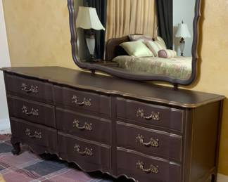 Vintage French Provincial Triple (9 Drawer ) Dresser (76”W x 20.5”D x 33”H) with Mirror (55”x36”)