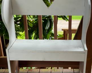 Vintage Cottage Craft White Paint Wood Bench with Heart Cutout. (32” W x 11.5”D x 36”H at back)
