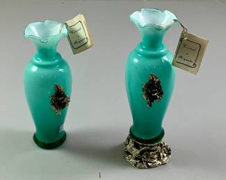 Kristal Argento Cased Art Glass Vases Applied silver Plated Ornament (7.5” w/o Base). One on a Silver Base (9”H)