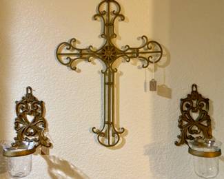Large Metal Cross Shown with a Pair of Votive Wall Scones
