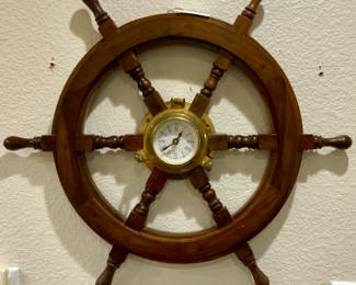 Vintage Decorative Ship's Wheel with a Clock in Center