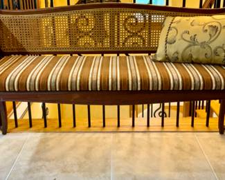 Antique Deacon’s Style Bench with Cane Back and Arms and Ribbon Stripe Upholstery Seat on Cabriole Legs