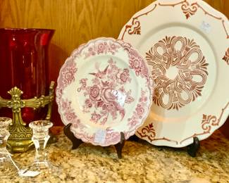 Ruby Red Vase with a Heavy Gold Medal Cross Base, Pair Crystal Glass 3 inch Candlesticks, Bristol Pink by Crown Ducal (9 3/4”)Dinner Plate Circa 1931, and large Handpainted Chop Plate.
