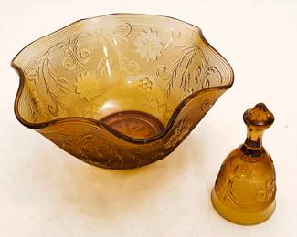 Tiara Amber Sandwich/Daisy Pattern Glass Fruit Bowl and Bell