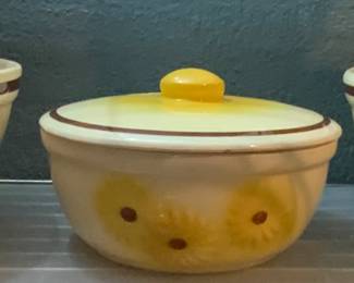 Hull USA 1950’s The "Just Right Kitchenware" Line, Daisy/Sunflower Oven-Proof No. 50-6 Pottery Bowl, Covered Casserole Dish, Mixing Batter Bowl with Pour Spout