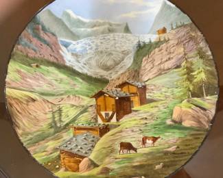 Antique Choisy-le-Roi Faience (tin glazed) Pottery Plate (12 3/4”) by Hippolyte Boulenger. (1863-1910) depicting the Viescher Glacier & Viesch Valley ln Fieschertal Switzerland. Faience Pottery was first porduced by Choisy-le-Roi in 1804. By 1836, the factory came under the management of Louis Boulenger who was succeeded in 1863 by his son Hippolyte Boulenger