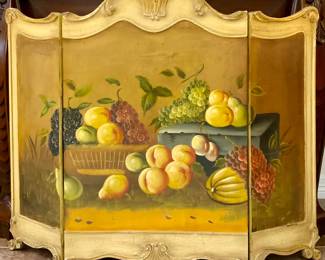 Vntage Fireplace Screen Fruit Tole Painted on 3 Wood Veneer Panels 32”x42